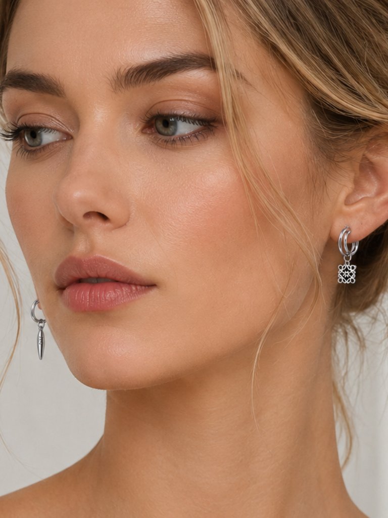 Auth Loewe Asymmetric Sterling Silver Double Hoop Earrings